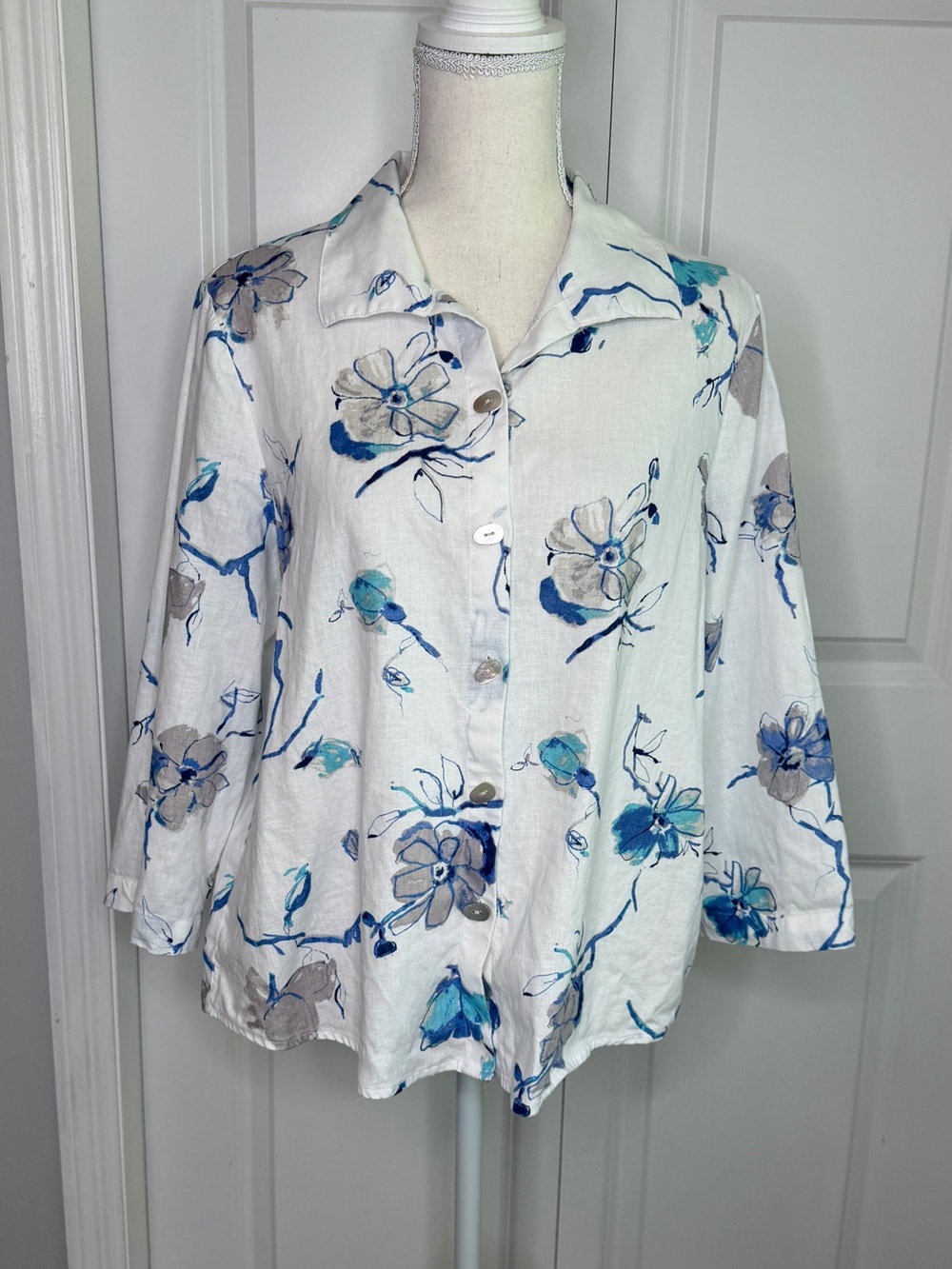 Habitat White Blue Grey Floral Button Up Retro Swing Shirt Small Linen Cotton